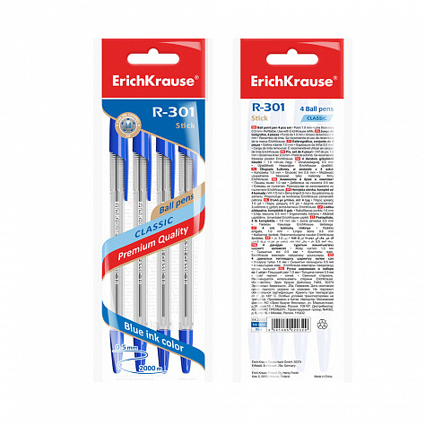Набор ручек шарик. 4 шт. ErichKrause® R-301 Classic Stick 1.0 мм. син.