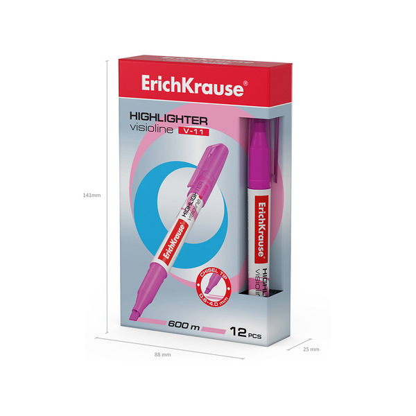 Маркер-текстовыделитель ErichKrause® Visioline V-11, розовый (в коробке по 12 шт.)