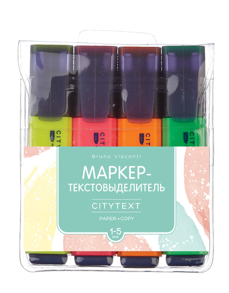 Набор маркеров текст. 4 шт. "CityText" желтый, зеленый, оранжевый, розовый