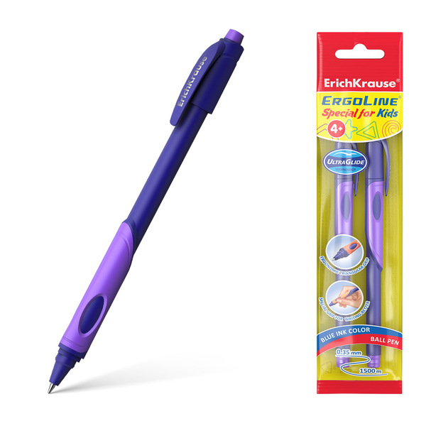 Ручка шариковая  ErichKrause® ErgoLine® Kids, Ultra Glide Technology, СИНЯЯ (в пакете по 2 шт.) 