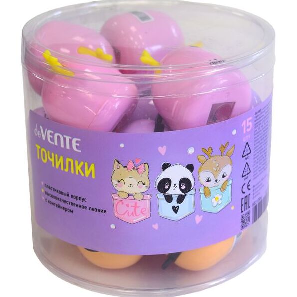 Точилка 1 отв. "deVENTE. Cuties" с контейнером, пластмассовая в форме оленя, панды и кота, в пластик