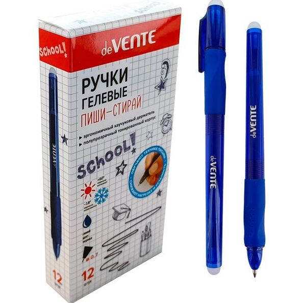 Ручка гелевая 0,7 мм стираемая deVENTE.School, СИНЯЯ с ластиком,полупрозрачный синий корпус