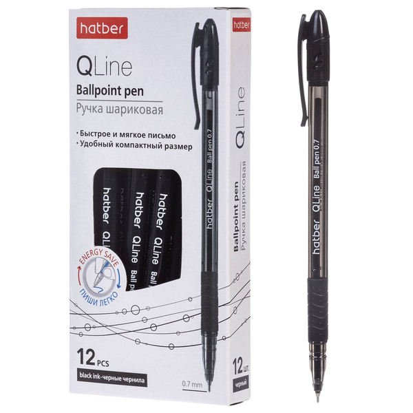 Ручка шариковая 0,7 мм Hatber Q.line Черная с колпачком и клипом игольч.пишущ.узел на масл.основе с 