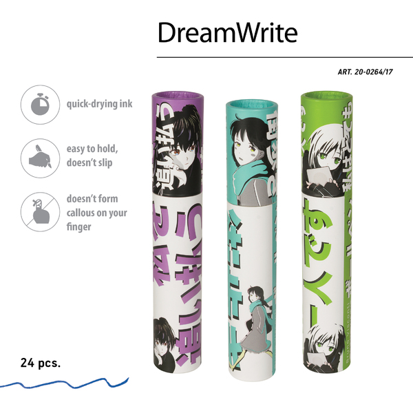 Ручка шариковая 0,7 мм "DreamWrite. Manga Anime. City" в тубусе Синие чернила, 3 вида   