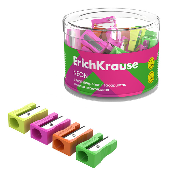 Точилка ErichKrause EasySharp, Neon, ассорти, пластиковая (в тубусе по 60 шт)