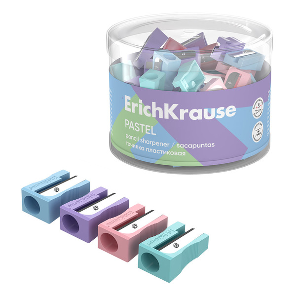 Точилка ErichKrause EasySharp, Pastel, ассорти пластиковая (в тубусе по 60 шт)