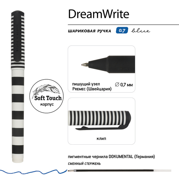Ручка шариковая 0,7 мм "DreamWrite. Black&White" в тубусе Синие чернила, 3 вида 