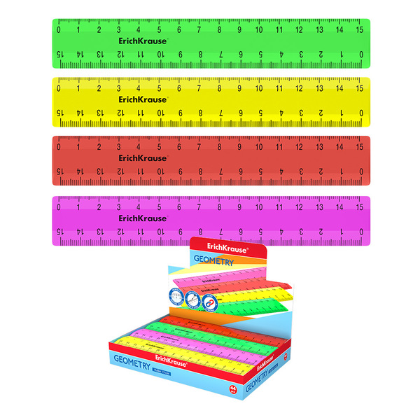 Линейка пластиковая  ErichKrause® Neon Solid, 15 см, ассорти из 4 цветов, в коробке-дисплее