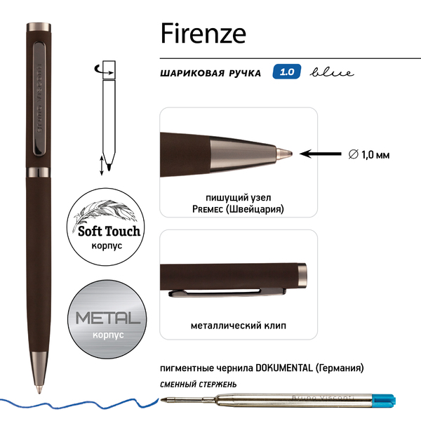Ручка "FIRENZE" В SOFT TOUCH футляре 1.0 ММ, СИНЯЯ (корпус коричневый, футляр черный)