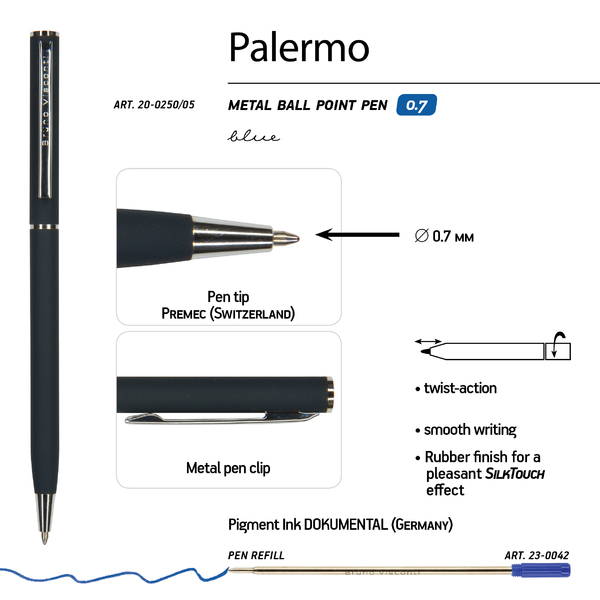 Ручка "PALERMO" в подарочном футляре, 0,7 ММ, СИНЯЯ (корпус сине-черный, футляр черный)