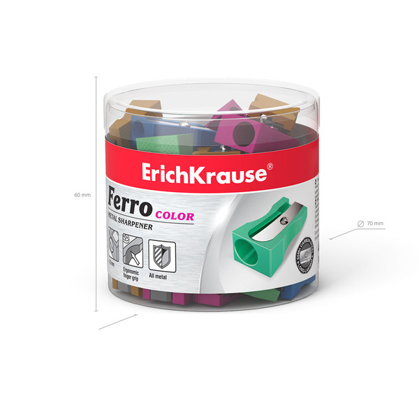 Точилка металлическая ErichKrause® Ferro Color, цвет корпуса ассорти (в тубусе по 48 шт.)
