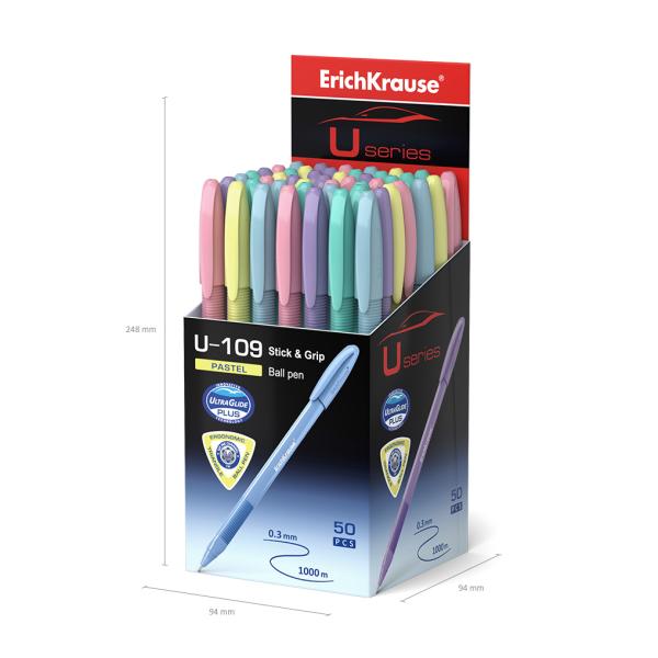 Ручка шариковая 1,0 мм ErichKrause® U-109 Pastel Stick&Grip Ultra Glide Technology, СИНЯЯ