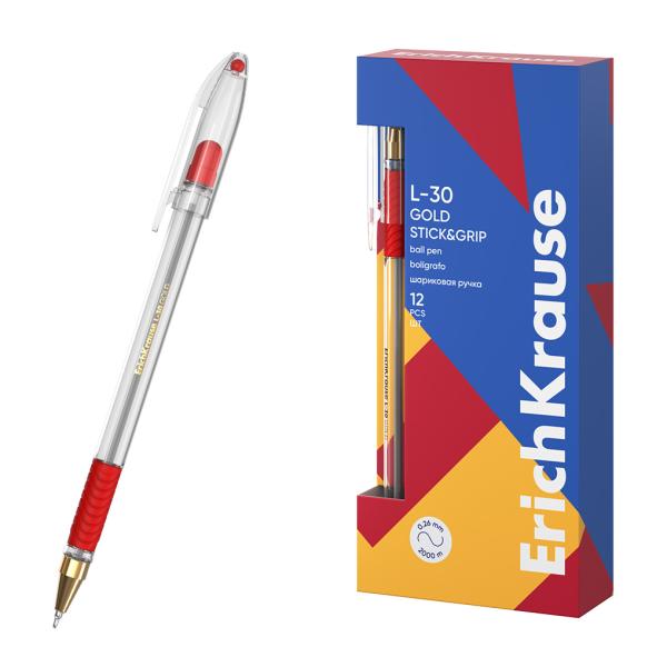 Ручка шариковая ErichKrause L-30 Gold Stick&Grip Classic 0.7, Super Glide Technology, красная 