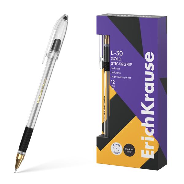 Ручка шариковая ErichKrause L-30 Gold Stick&Grip Classic 0.7, Super Glide Technology, черная 