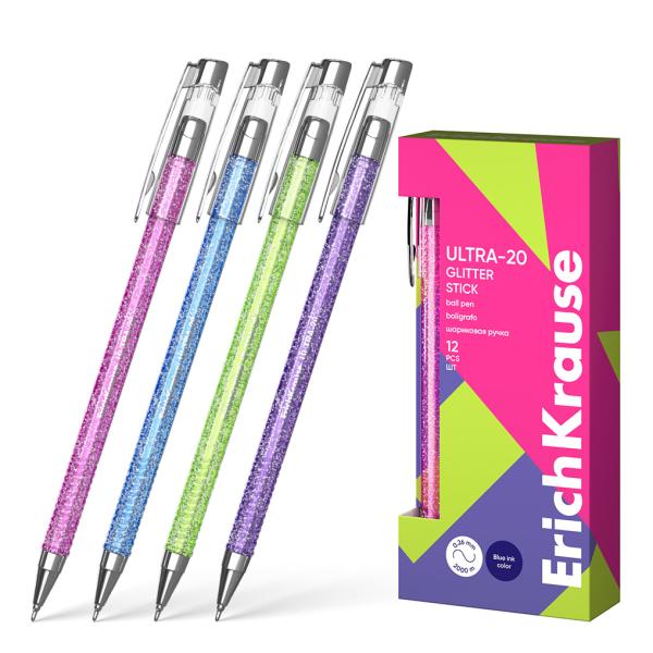 Ручка шариковая ErichKrause ULTRA-20 Stick Glitter 0.7, Super Glide Technology, синяя 