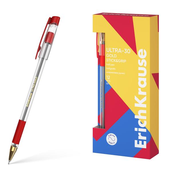 Ручка шариковая ErichKrause ULTRA-30 Gold Stick&Grip Classic 0.7, Super Glide Technology, красная 