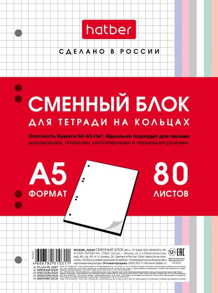 Сменный блок 80 л. А5 кл. для тетрадей на кольцах Универсальная перфорация  Многоцветный срез 