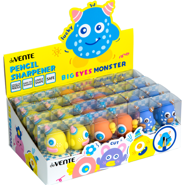 Точилка 1 отв. deVENTE. Big Eyes Monster, 30x37x28 мм, пластиковая с покрытием Soft Touch,ассорти 3 