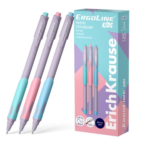 Ручка шариковая 0,5 мм ErichKrause СИНЯЯ, ErgoLine® Kids Stick&Grip Pastel Super Glide Techn