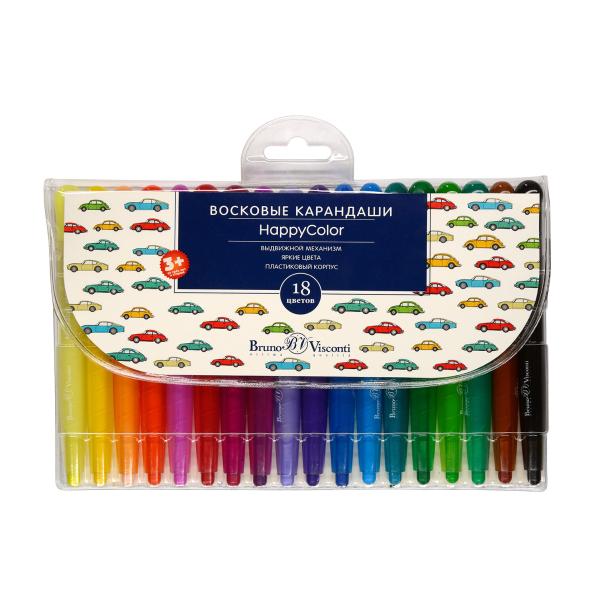 Мелки восковые 18 цв. "HAPPYCOLOR", В ПЛАСТИКОВОМ КОРПУСЕ ВЫКРУЧИВАЮЩИЕСЯ 4 ВИДА 