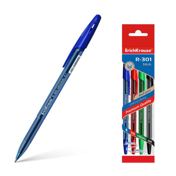 Набор из 4 ручек шариковых ErichKrause R-301 Stick Original 1.0, цвет синий, черный, красный, зелены