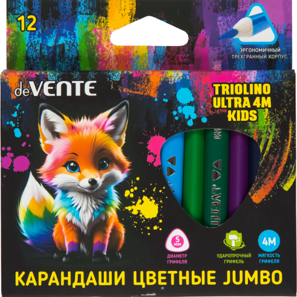Карандаши 12 цв. "deVENTE.Triolino Ultra 4М.KIDS" 4М, утолщен. корпус 10 мм, d грифеля 5 мм, трёхгра