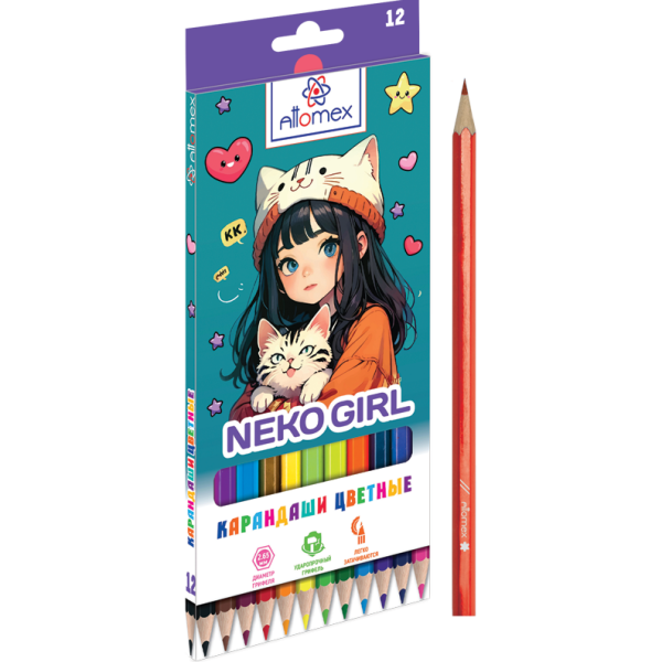 Карандаши 12 цв. "Attomex. NekoGirl" М, диаметр грифеля 2,65 мм, шестигранные