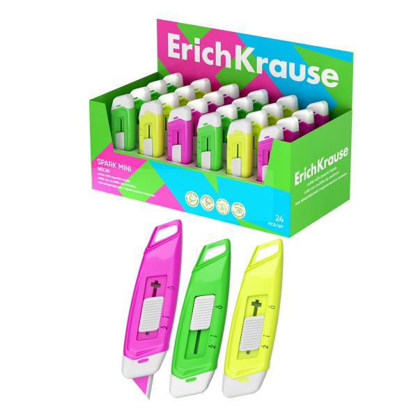 Нож канцелярский ErichKrause Spark Mini Neon, с керамическим лезвием,  автоматической фиксацией лезв