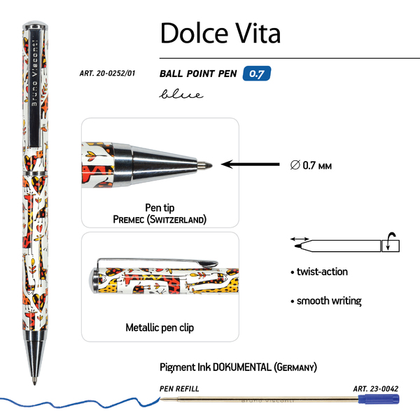 Ручка шарик. 0,7 мм "DOLCE VITA. Жирафы" метал. кор. синяя