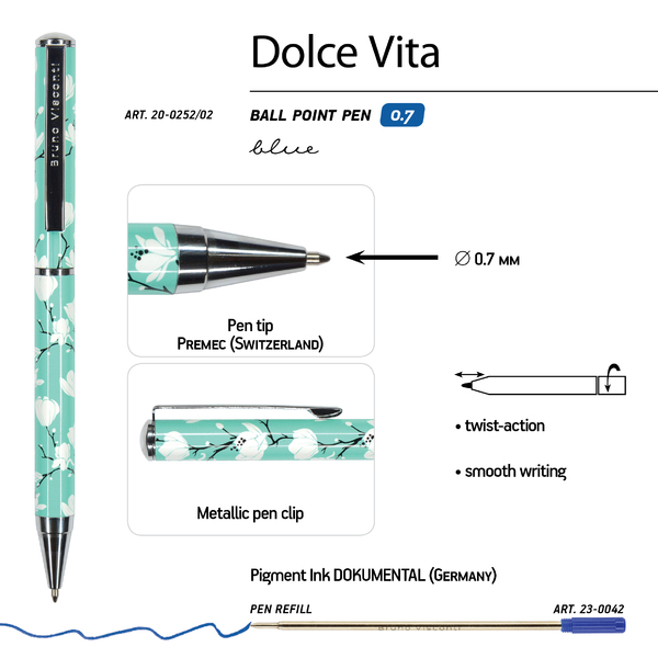 Ручка шарик. 0,7 мм "DOLCE VITA. Камелии." метал. кор. синяя