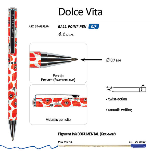 Ручка шарик. 0,7 мм "DOLCE VITA. Маки" метал. кор. СИНЯЯ 