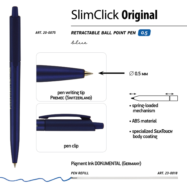 Ручка шариковая автомат. 0,5 мм "SlimClick.ORIGINAL" синяя (3 цвета корп)