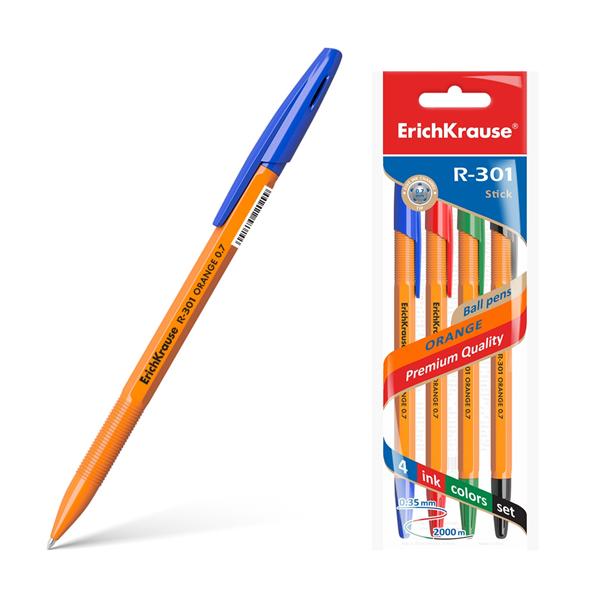 Набор ручек шарик. 4 шт. Erich Krause R-301 Orange Stick 0.7 (син, кр, зел,черн.) 